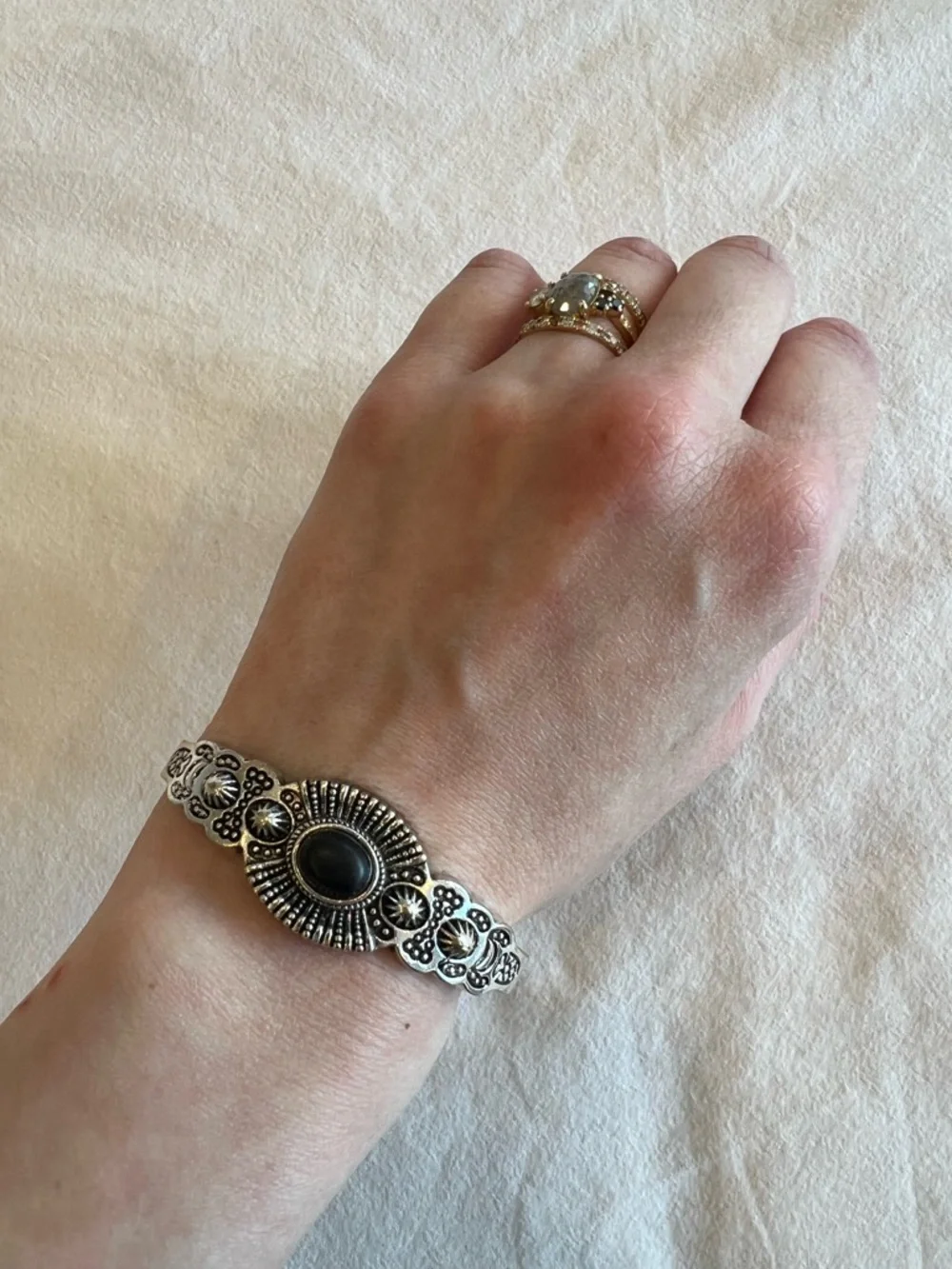 Black Stone Silver-Tone South Western Cuff Bracelet